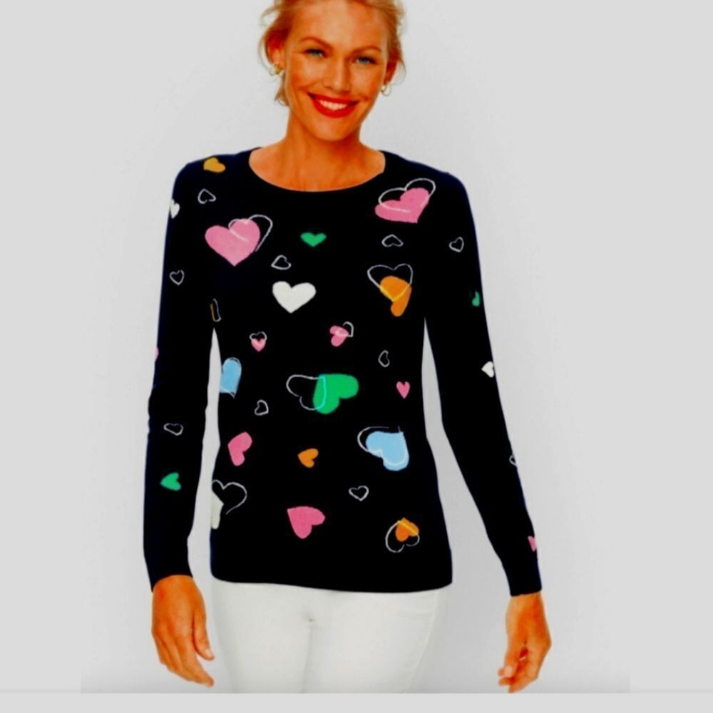 Talbots Petite XLP Navy Heart Print Crewneck Cotton Blend Long Sleeve Sweater - Picture 2 of 8